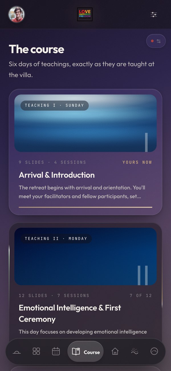 Course screen: Teaching one, Arrival and Introduction, marked yours now, above Teaching two, Emotional Intelligence and First Ceremony.