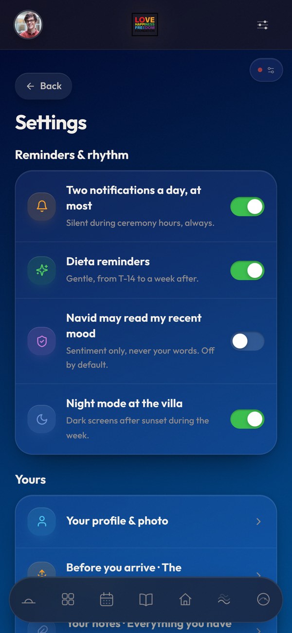 Settings screen: reminder and rhythm switches, including one reading Navid may read my recent mood, sentiment only, never your words, off by default, shown turned off.