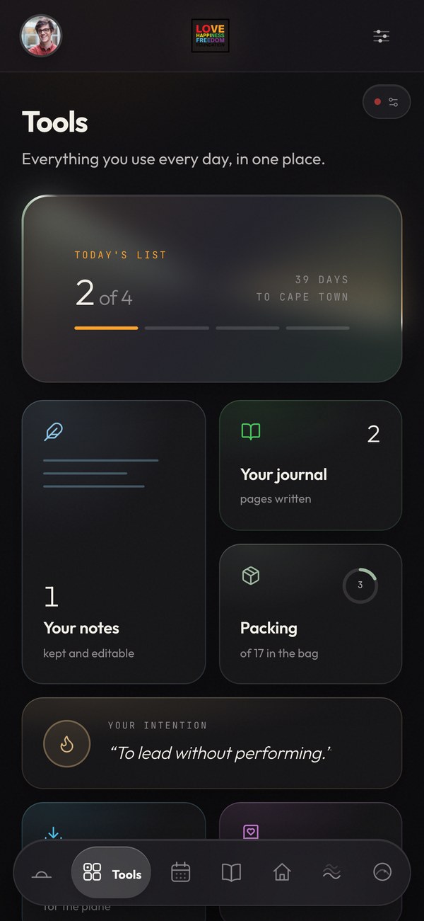 Tools screen: today's list showing two of four done, then tiles for the journal, notes, packing and the guest's written intention.